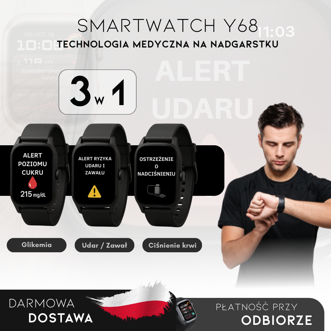 Smartwatch Y68 – Glikemia i ciśnienie | Menu w języku polskim